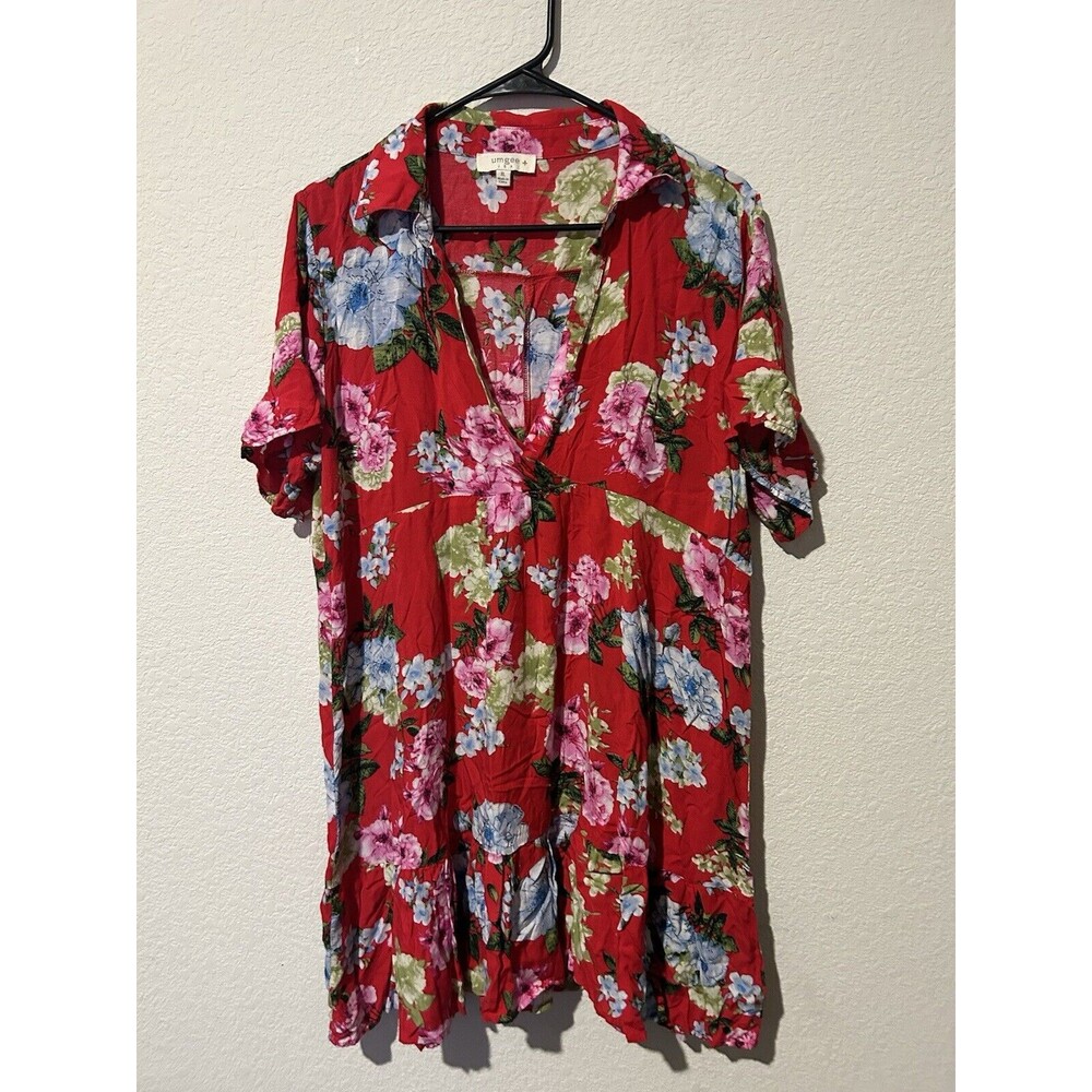 Umgee Red Floral Collared Mini Dress XL Vneck Tropical Resort